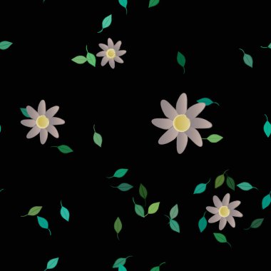 basit renkli çiçekleri olan serbest kompozisyon ve duvar kağıdı için yeşil yapraklar, vektör illüstrasyonu