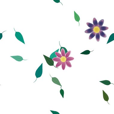 Serbest kompozisyonda yeşil yapraklı basit çiçekler, vektör illüstrasyonu