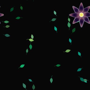 Serbest kompozisyonda yeşil yapraklı basit çiçekler, vektör illüstrasyonu