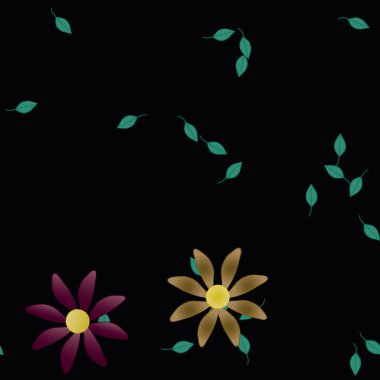 Serbest kompozisyonda yeşil yapraklı basit çiçekler, vektör illüstrasyonu