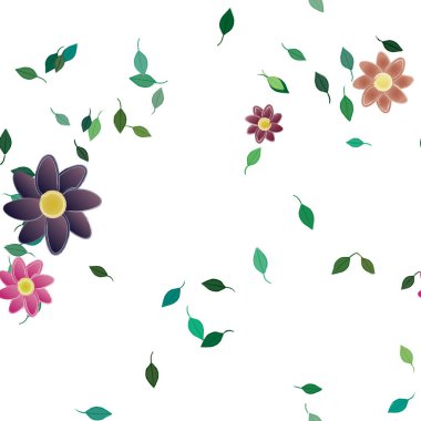 Serbest kompozisyonda yeşil yapraklı basit çiçekler, vektör illüstrasyonu