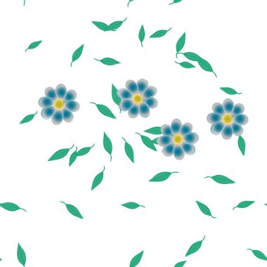 basit renkli çiçekleri olan serbest kompozisyon ve duvar kağıdı için yeşil yapraklar, vektör illüstrasyonu