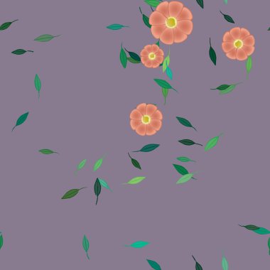 Serbest kompozisyonda yeşil yapraklı basit çiçekler, vektör illüstrasyonu