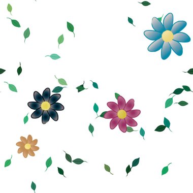 basit renkli çiçekleri olan serbest kompozisyon ve duvar kağıdı için yeşil yapraklar, vektör illüstrasyonu