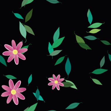 Basit renkli çiçekleri ve arka planda yeşil yaprakları olan güzel kompozisyon, vektör illüstrasyonu