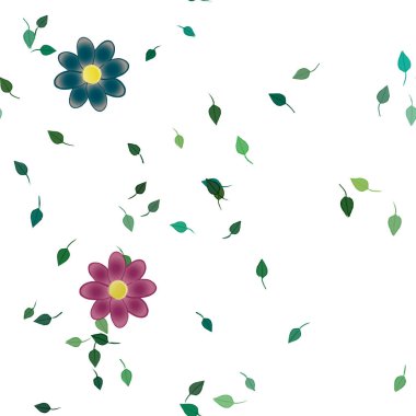 basit renkli çiçekleri olan serbest kompozisyon ve duvar kağıdı için yeşil yapraklar, vektör illüstrasyonu