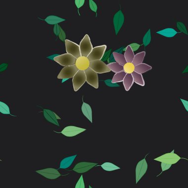 Basit çiçek ve yeşil yapraklı tasarım kompozisyonu, vektör illüstrasyonu