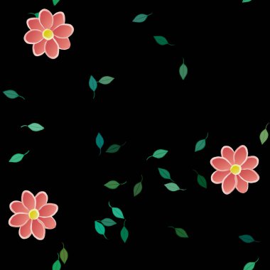 basit renkli çiçekleri olan serbest kompozisyon ve duvar kağıdı için yeşil yapraklar, vektör illüstrasyonu