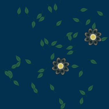 Basit renkli çiçekleri ve arka planda yeşil yaprakları olan güzel kompozisyon, vektör illüstrasyonu