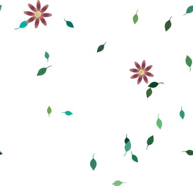 Basit renkli çiçekleri ve arka planda yeşil yaprakları olan güzel kompozisyon, vektör illüstrasyonu