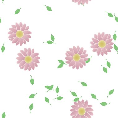 Basit renkli çiçekleri ve arka planda yeşil yaprakları olan güzel kompozisyon, vektör illüstrasyonu