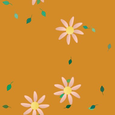 Serbest kompozisyonda yeşil yapraklı basit çiçekler, vektör illüstrasyonu