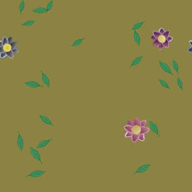 Basit renkli çiçekleri ve arka planda yeşil yaprakları olan güzel kompozisyon, vektör illüstrasyonu