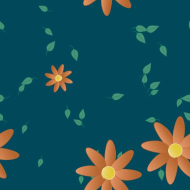 Basit renkli çiçekleri ve arka planda yeşil yaprakları olan güzel kompozisyon, vektör illüstrasyonu