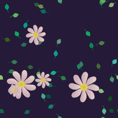 Basit renkli çiçekleri ve arka planda yeşil yaprakları olan güzel kompozisyon, vektör illüstrasyonu