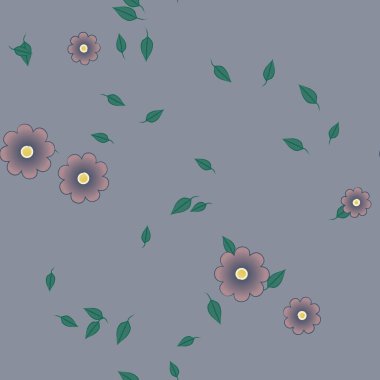 Basit renkli çiçekleri ve arka planda yeşil yaprakları olan güzel kompozisyon, vektör illüstrasyonu