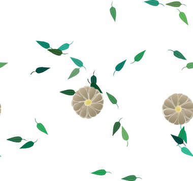 basit renkli çiçekleri olan serbest kompozisyon ve duvar kağıdı için yeşil yapraklar, vektör illüstrasyonu