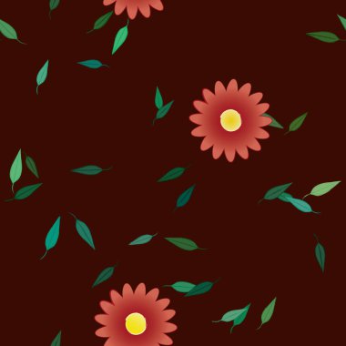 basit renkli çiçekleri olan serbest kompozisyon ve duvar kağıdı için yeşil yapraklar, vektör illüstrasyonu