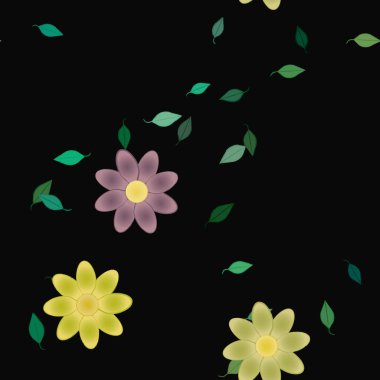 basit renkli çiçekleri olan serbest kompozisyon ve duvar kağıdı için yeşil yapraklar, vektör illüstrasyonu