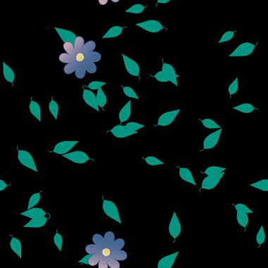 basit renkli çiçekleri olan serbest kompozisyon ve duvar kağıdı için yeşil yapraklar, vektör illüstrasyonu