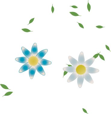 Basit renkli çiçekleri ve arka planda yeşil yaprakları olan güzel kompozisyon, vektör illüstrasyonu