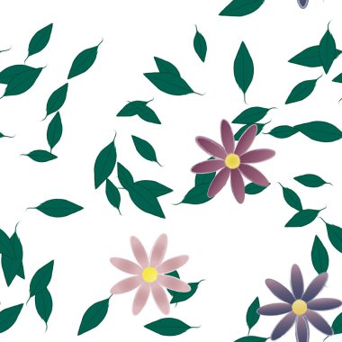 Basit renkli çiçekleri ve arka planda yeşil yaprakları olan güzel kompozisyon, vektör illüstrasyonu