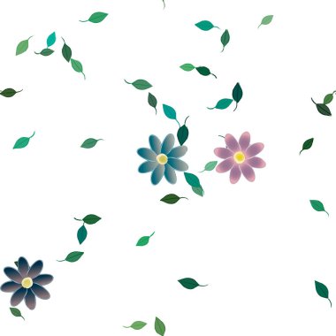 Basit renkli çiçekleri ve arka planda yeşil yaprakları olan güzel kompozisyon, vektör illüstrasyonu