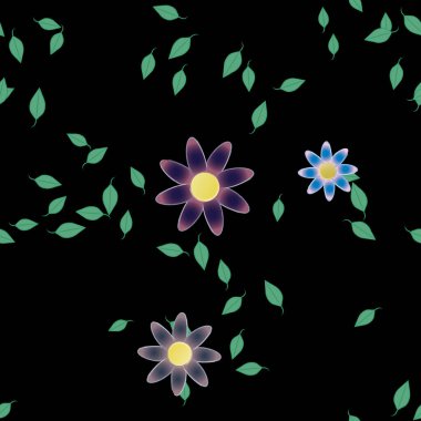 Basit renkli çiçekleri ve arka planda yeşil yaprakları olan güzel kompozisyon, vektör illüstrasyonu