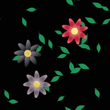 Basit renkli çiçekleri ve arka planda yeşil yaprakları olan güzel kompozisyon, vektör illüstrasyonu