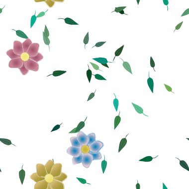basit renkli çiçekleri olan serbest kompozisyon ve duvar kağıdı için yeşil yapraklar, vektör illüstrasyonu