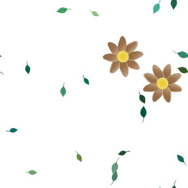 Serbest kompozisyonda yeşil yapraklı basit çiçekler, vektör illüstrasyonu