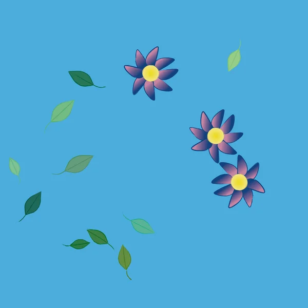 Modèle Vectoriel Avec Des Fleurs Colorées Simples Des Feuilles Vertes — Image vectorielle