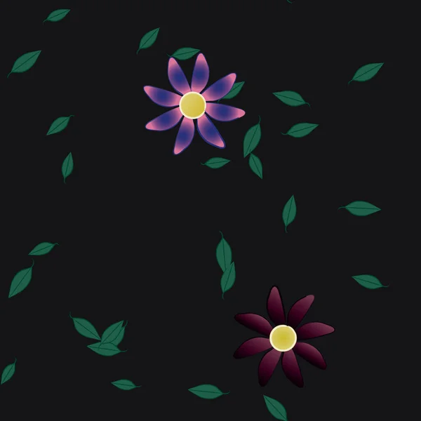 Modèle Vectoriel Avec Des Fleurs Colorées Simples Des Feuilles Vertes — Image vectorielle