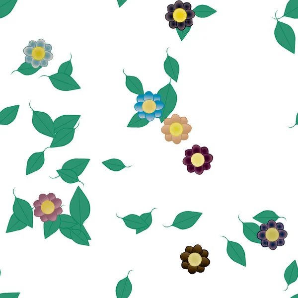 Composição Bonita Com Flores Coloridas Simples Folhas Verdes Fundo Ilustração — Vetor de Stock