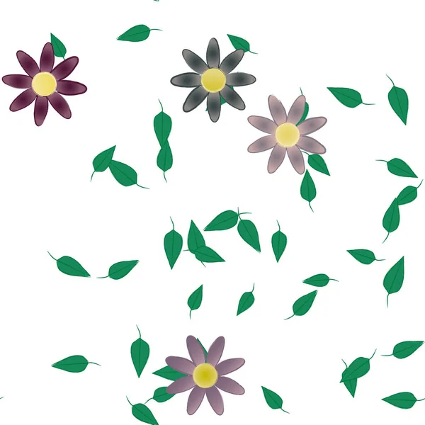 Composição Bonita Com Flores Coloridas Simples Folhas Verdes Fundo Ilustração — Vetor de Stock