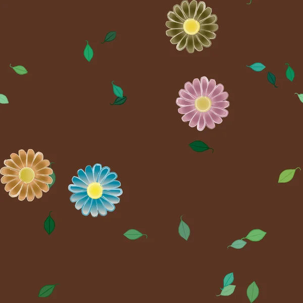 Vektori Malli Yksinkertaisia Värikkäitä Kukkia Vihreät Lehdet — vektorikuva