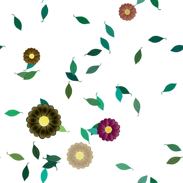 Composição Bonita Com Flores Coloridas Simples Folhas Verdes Fundo Ilustração — Vetor de Stock