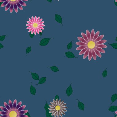 basit renkli çiçekleri olan serbest kompozisyon ve duvar kağıdı için yeşil yapraklar, vektör illüstrasyonu