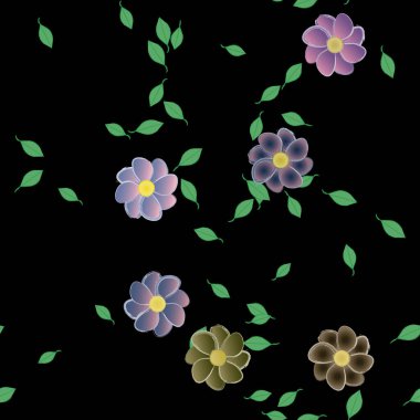 basit renkli çiçekleri olan serbest kompozisyon ve duvar kağıdı için yeşil yapraklar, vektör illüstrasyonu