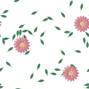 basit renkli çiçekleri olan serbest kompozisyon ve duvar kağıdı için yeşil yapraklar, vektör illüstrasyonu