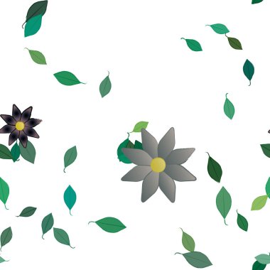 Serbest kompozisyonda yeşil yapraklı basit çiçekler, vektör illüstrasyonu