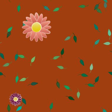 Serbest kompozisyonda yeşil yapraklı basit çiçekler, vektör illüstrasyonu