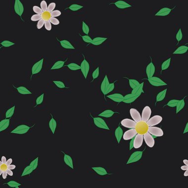 Serbest kompozisyonda yeşil yapraklı basit çiçekler, vektör illüstrasyonu