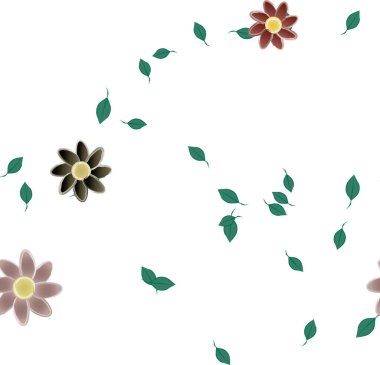 Serbest kompozisyonda yeşil yapraklı basit çiçekler, vektör illüstrasyonu