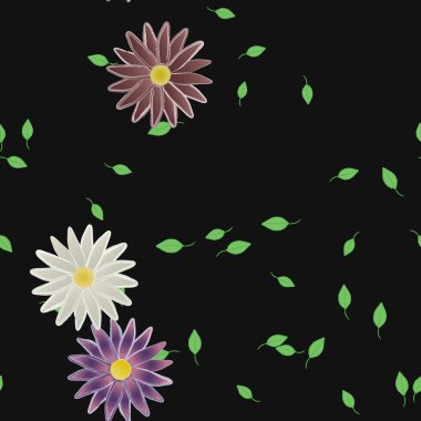 Serbest kompozisyonda yeşil yapraklı basit çiçekler, vektör illüstrasyonu