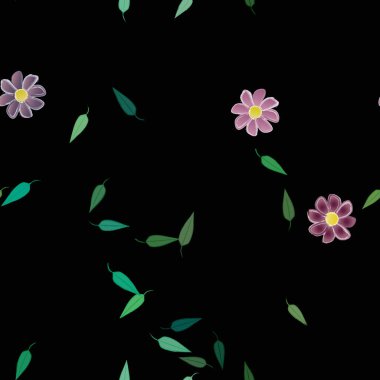 Serbest kompozisyonda yeşil yapraklı basit çiçekler, vektör illüstrasyonu