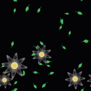 basit renkli çiçekleri olan serbest kompozisyon ve duvar kağıdı için yeşil yapraklar, vektör illüstrasyonu