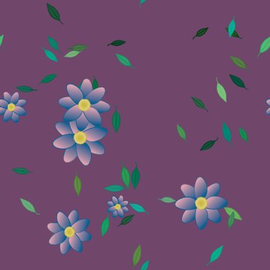 basit renkli çiçekleri olan serbest kompozisyon ve duvar kağıdı için yeşil yapraklar, vektör illüstrasyonu