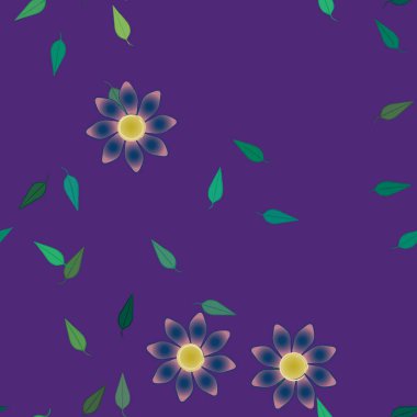 Basit renkli çiçekleri ve arka planda yeşil yaprakları olan güzel kompozisyon, vektör illüstrasyonu