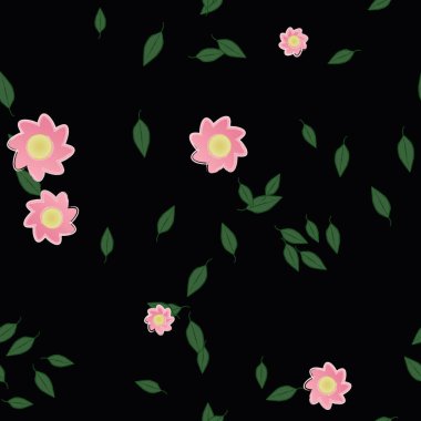 Serbest kompozisyonda yeşil yapraklı basit çiçekler, vektör illüstrasyonu